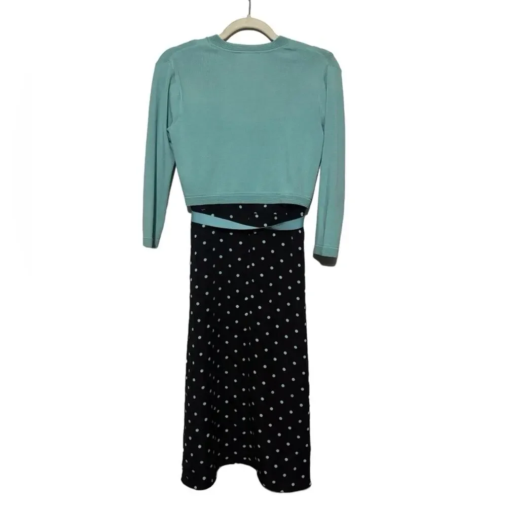 Studio I‎ Mint Teal Brown Polka Dot Long Modest Fit Flare Dress Sweater Size 8